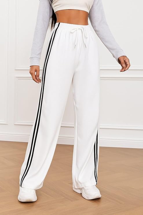 Image of Women's Wide Leg Track Pants High Waisted Baggy Sweatpants with Side Stripe Casual Athleisure Lounge Trousers