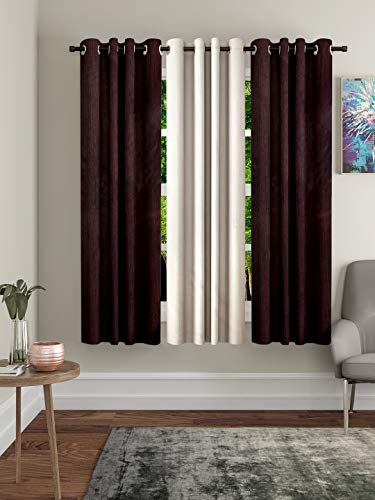Image of Home Sizzler Polyester 3 Piece Window Curtain Set, 5 feet (2 Brown, 1 Cream)