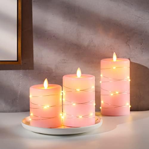 Flameless Candles 360 Degree Viewing Angle, with Starry String Lights, 3-Pack Fairy String Lights LED Candles, with 10-Key Remote Control, 24-Hour Timer Function, Dancing Flame, Real Wax(Rose).