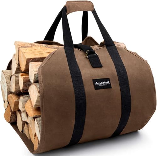 AMAGABELI GARDEN & HOME Canvas Firewood Carrier Firewood Bag Heavy Duty Large Fireplace Carrier Logs Tote Waxed Fire Wood Carring Bag with Handles Wood Sling Log Holder Cabin Stove Accessories