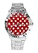 Reloj de Pulsera analógico con diseño de Lunares, Color Rojo y Blanco, Esfera Plateada de Cuarzo, Correa clásica de Acero Inoxidable para Mujer y Hombre