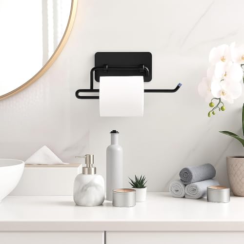 Image of Amazon Brand - Umi Toilet Paper Holder Wall Mount MS Metal Bathroom Tissue Holder, Toilet Roll Holder for Bathroom & Kitchen, Heavy-Duty Self Adhesive (2) (Black)