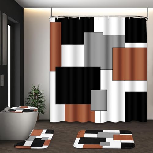 Tayney Bathroom Sets with Shower Curtain and Rugs, Set of 4, Modern Brown