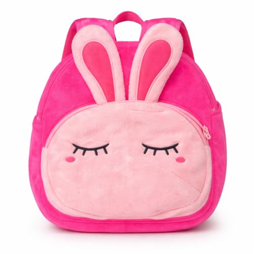 Mini Mochila Infantil de Bichinhos em Poliéster Tipo Pelúcia 2 Bolsos, Alça Regulável, Leve e Resistente para Escola, Passeio e Dia a Dia Estampa de Animais. (Coelhinho)