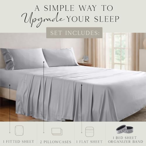 Image of KARISSA MAE Luxury Bamboo Viscose Cal King Size Sheet Set | FSC Certified | Cooling | Ultra Soft | 18 inch Deep Pockets | Elastic Corner Straps | Includes Organizer Band [Grey Mist]