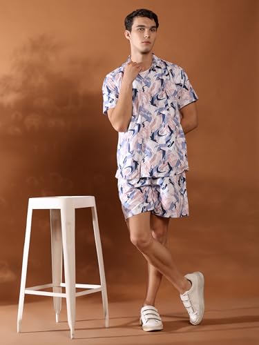 Image of Amazon Brand - Anarva Mens Camouflage Printed Co-ord Set | Half Sleeve Shirt and Shorts Set | Casual Summer Outfit for Beach, Travel, Vacation -