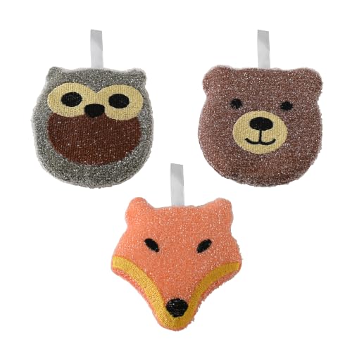 Image of Fox Run Woodland Animal Sponge Set, Non-Abrasive Fox, Owl & Bear Scrubbers | Easily Clean Plates, Pots & Glasses | Dish Sponges For Nonstick Pans | Cute Kitchen Decor | Reusable Animal Scrub Sponge Set