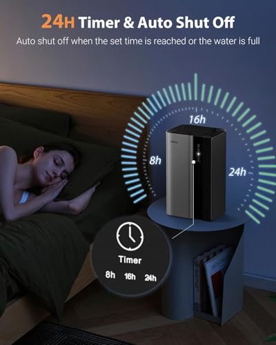 Image of UBBO 95oz Dehumidifiers for Home, 1000 Sq.Ft Dehumidifier with Drain Hose - Auto Shut Off, Timer, Sleep Mode & Drain Hose - 7 Color Light for Bedroom, Bathroom, RV - Grey
