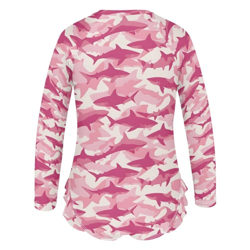 Pink Shark Pattern Girls One Piece Rash Guard Swimsuit, Girls Long Sleeve Swimwear for 3-12Y3
