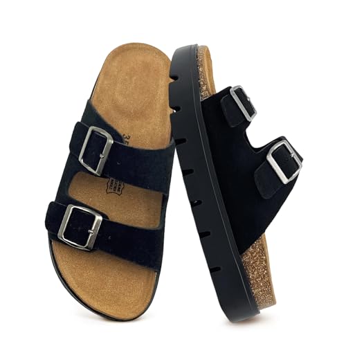 Women's Suede Flat Sandals,Arch Support Slides with Adjustable Buckle Straps,Memory Foam Insole & Cork Footbed Platform Heel Slide for women,Casual Su