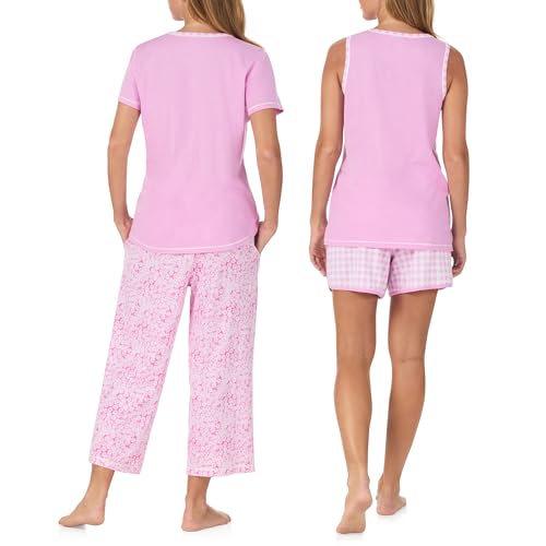 Image of Carole Hochman Women's 4-Piece 100% Cotton Pajama Set - V-Neck T-Shirt, Tank, Capri Pants & Shorts with Drawstring & Pockets