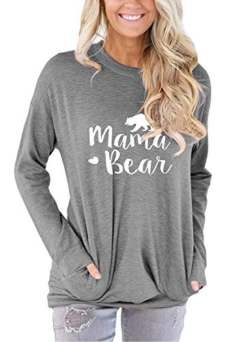 barnkas Women Mama Bear Shirt Loose Casual Tops T-Shirts Crew Neck Batwing Sleeve Sweatshirt Patches Blouse Grey