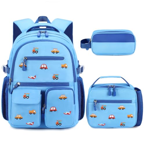 Image of DIGOBAY Backpack for Boys 6-8, 3PCS Embroidery Toddler Boys Backpack with Lunch Bag Pencil Case, 15.7 inch Kids School Bookbag for Preschool Kindergarten Elementary Daycare Backpacks, Blue Car