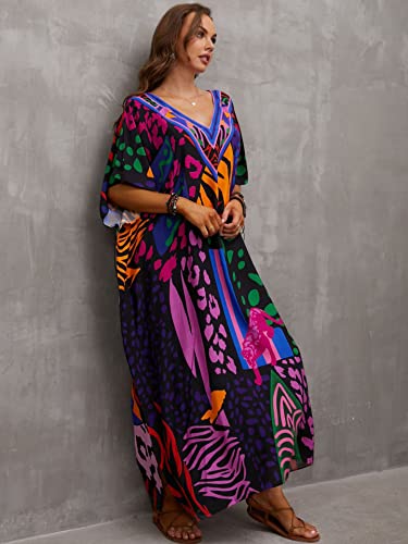 Image of sunforyou Kaftan Dresses for Women Plus Size Lightweight Swimsuit Cover up Batwing Sleeve Print Loungewear Beach Robe