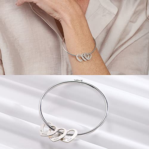 Myka - Personalized Bangle Name Bracelet With Diamond Stone For Women, Her, Girlfriend, Mom, Mother, Grandma, Family - Up To 12 Engraved Heart Shape Charms - Sterling Silver 925, 18K Gold & Rose Gold Plating, Vermeil - Dainty Jewelry Gift For Valentine’s Day, Christmas, Xmas, Mother’s Day, Birthday #TOP3