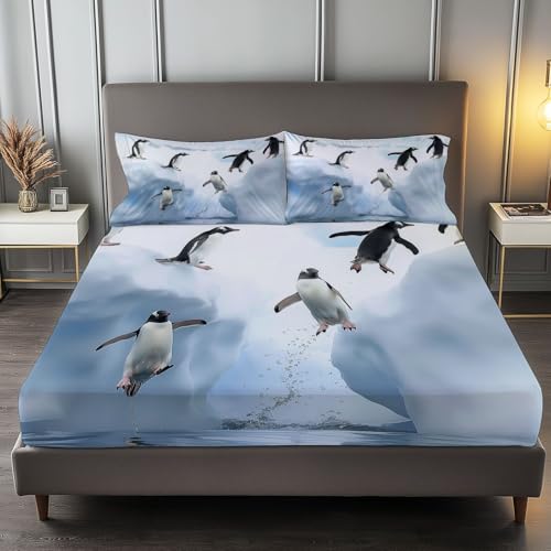 Fitted Sheet Twin Size Bedding Set for Kids Girls Women Men Room Decor, Soft Microfiber & Deep Pocket & Wrinkle Free Nature Animal Penguin Bedding Sheets, White