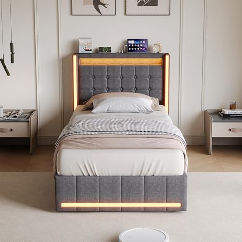 JiaOyu Cama individual de 90 x 200 cm con LED RGB y cabecero, moderna cama juvenil con función de carga USB y tipo C, estructura de cama acolchada transpirable de tela de lino para dormitorio y