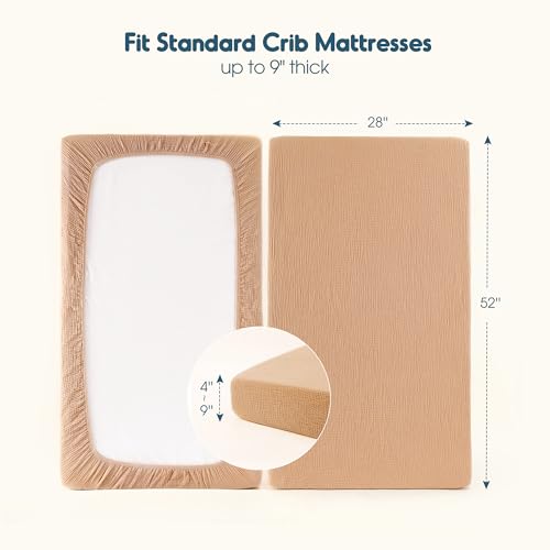 Image of GRSSDER 100% Cotton Muslin Crib Sheet 2 Pack - Breathable & Ultra-Soft Fitted Crib Sheets for Standard Baby & Toddler Mattresses, 52 inchx28 inch with 9 inch Deep Pocket, Snug Fit All-Around Elastic