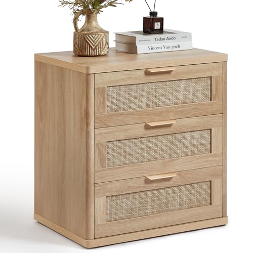 Image of LEYAOYAO Rattan 23 inch Nightstands with Drawers for Bedroom | Gold Metal Handle, Storage Shelf, Oak Night Stand, Boho Bedside Table, Bed Side End Tables Living Room, Hallway