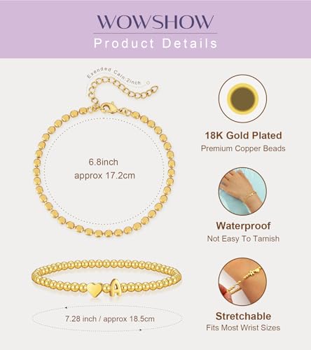 Wowshow 18K Gold Plated Stretch Initial Beaded Bracelet w/ Heart Charm (A,C,E,J,L,S) - image 4