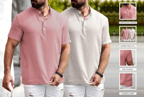 Image of Zombom Men's Polycotton Solid Short Kurta | Regular Fit | Half Sleeve | Mandarin Collar | Lightweight Casual Wear for Daily, Summer Comfort & Smart Look