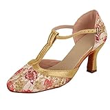 Damen Standard Latein Tanzschuhe T-Strap Pumps High Heels mit Riemchen Geschlossen Spangenpumps Salsa Tango Schuhe Elegante Runde Zehe Blumen Muster Party Hochzeit Celucke (Pink, EU38)