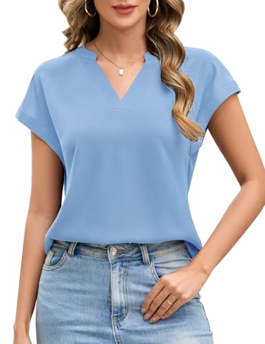 UMIPUBO Mujer Blusas Verano Elegantes Cuello V Tallas Grandes Moda Color Sólido Camisa Manga Corta Suelto Túnica Básica Tops Shirt Casual (Azul, XXL)