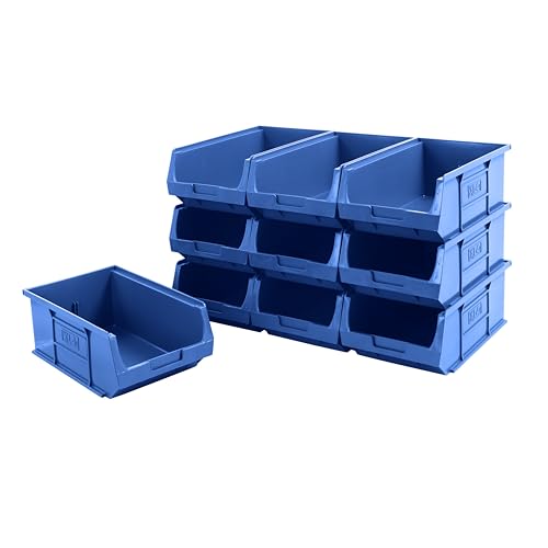 BiGDUG Plastic Parts Bins - Stackable or Wall Mounted Storage Boxes Garage Organiser - Pack of 10 - 125H x 200W x 355D mm - Blue