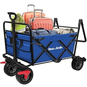 BEAU JARDIN Camping Festival Trolley Folding Wagon Cart with Brake Beach Trolley on Wheels Collapsible 220KG 150L Capacity All Terrain Utility Wagon Load Sturdy Portable Garden Outdoor Picnic Blue