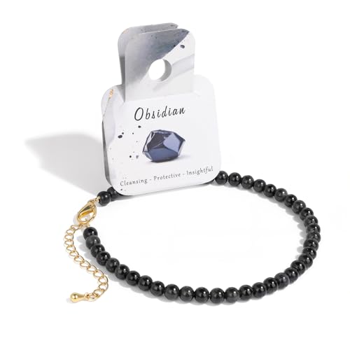Bolinailo Natural Stone Beaded Anklets for Women Handmade Boho Black Obsidian 4mm Crystal Beads Anklet Gold Chain Adjustable Ankles Bracelet Beach Summer Jewelry Gift