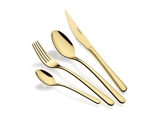 Monix Pisa Gold - Set De Cubiertos De 24 Piezas Con Cuchillo Chuletero, Acero Inoxidable 18/10, Diseño Contemporaneo, Acabado Pulido Brillante Dorado, Espesor 3 Mm (6 Comensales)