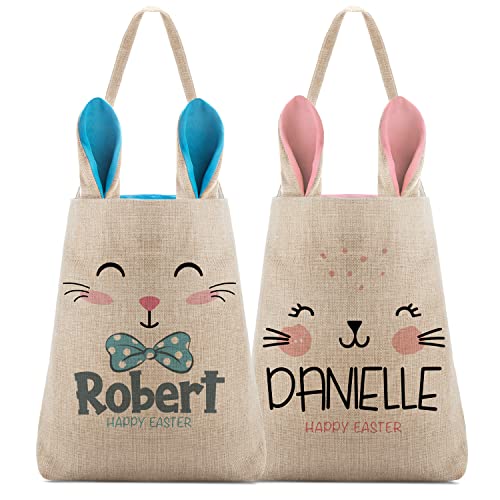 Set of 2, Personalized Easter Basket for Girls & Boys w Name, Blue or Pink Bunny Ears, 8 Designs, Customize Tote Bags with Handle for Easter Eggs, Easter Gifts Bag for Kids, Personalized Candy Basket