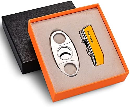 CIGARLOONG Cigar Cutter and Lighter Set Double Blade Simple Cigar Guillotine and 3 Jet Torch Blue Flames Refillable Lighter(Color:Yellow)