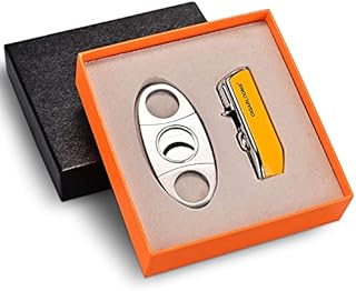 CIGARLOONG Cigar Cutter and Lighter Set Double Blade Simple Cigar Guillotine and 3 Jet Torch Blue Flames Refillable Lighter(Color:Yellow)