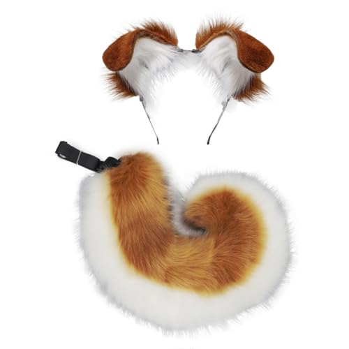 Dog Ears Headband and Tail Set Faux Fur Animal Cosplay Party Costume Accessories (Camel&White)