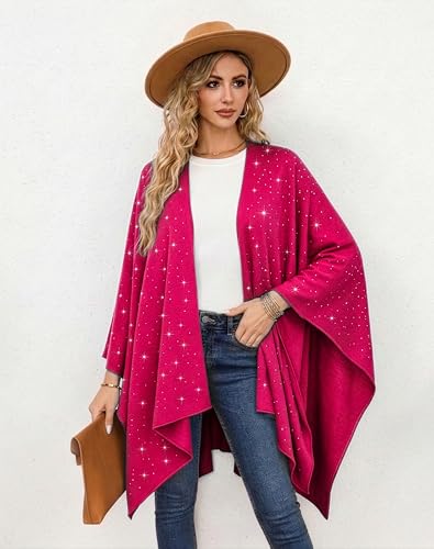 Image of Womens Rhinestones Open Front Poncho Shawl Wrap Cape Ruana Travel Blanket Cardigan