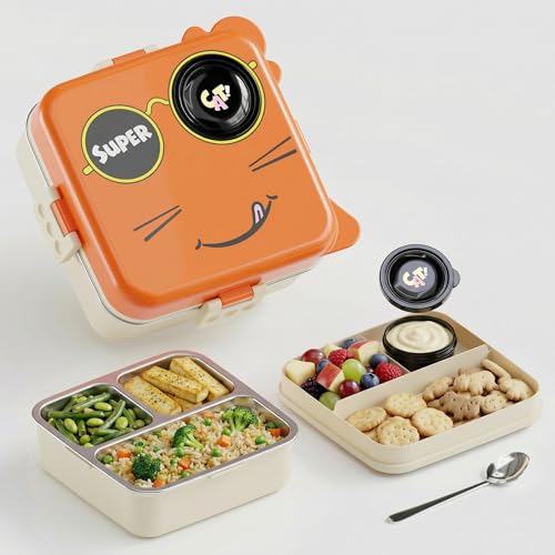 Image of 3 Compartment Lunch Box for Kids Boys Girls, Cartoon Cat Tiffin, Leakproof Stainless Steel Bento Box, 2 Layer Meal Box with Spoon & Snack Container, 1120ml + 70ml (Orange, Super Cat)