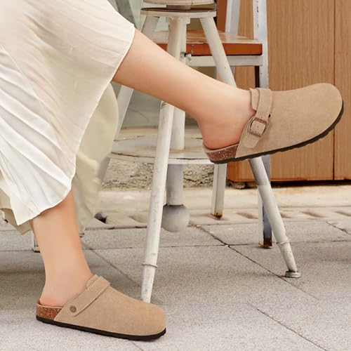 KIDMI Women's Adjustable Strap Suede Clogs with Cork Footbed Leather Mules