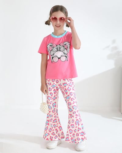 Image of CARETOO Girls Summer Outfit Poster Girl Matching Sister 2pcs Sets Printed t-Shirt + Flare Leg Pants For 3-10 Years