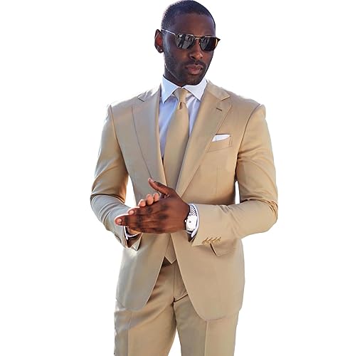 Mens Beige Slim Fit Business Leisure Groom Tuxedo Party Prom Wedding Dress Suit Blazer Pants Tie