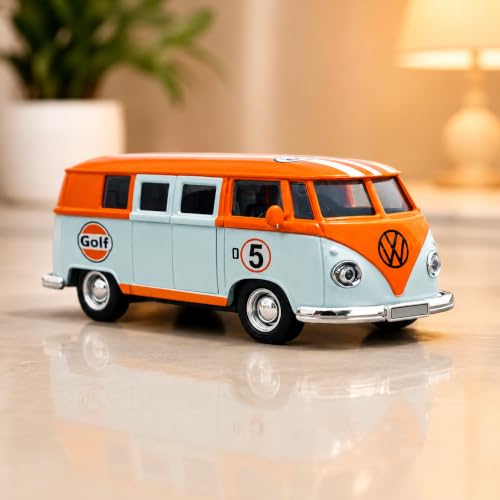 Image of 1:36 Scale Volkswagen T1 Samba Bus Die Cast Model - Gulf Racing Edition, Pull Back Action, Dual Openable Side Doors, Zinc Alloy Metal Body, Vintage Collectible Toy Van for Kids & Adults