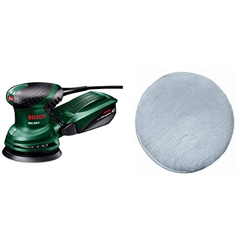 Bosch PEX 220 A - Lijadora excéntrica (220 W, Ø-plato lijador: 125 mm, Microfilter System, Excentricidad: 4 mm) + Bosch 2 609 256 049 - Caperuza de lana de oveja para lijadora excéntrica, 125 mm