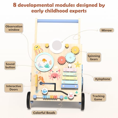 Image of Wooden Baby Walker, Baby Push Walker with Montessori Toy for Girls Boys, Toddler Walking Toys for 18 Months of Age and Over Learning to Walk, Sit-to-Stand, Baby Activity Center for Kids Development