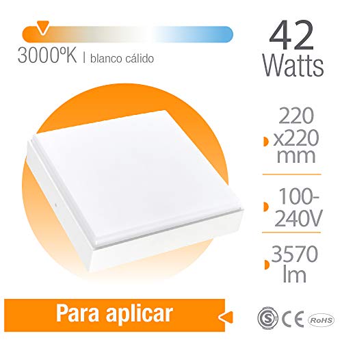 Plafón cuadrado sin marco de superficie 42W Blanco Cálido 3000°K 220x220mm