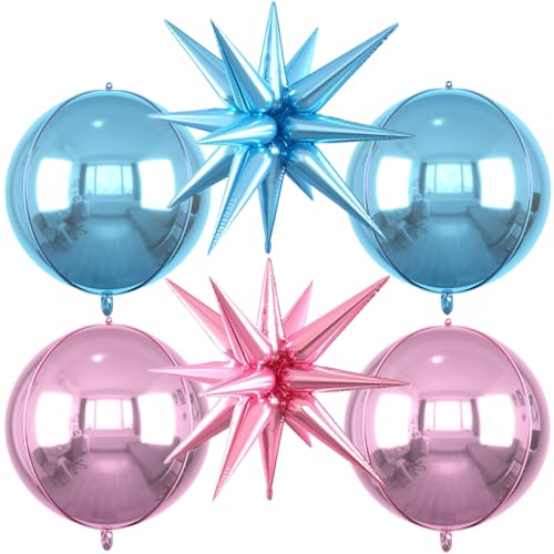 Image of 6pcs 22 inch Pink Blue Star Balloons and 4D Large Foil Balloons, Pink Foil Star Balloon Light Blue 4D Aluminum Balloon For Birthday Baby Shower Party Wedding Anniversary Gender Reveal Decorations