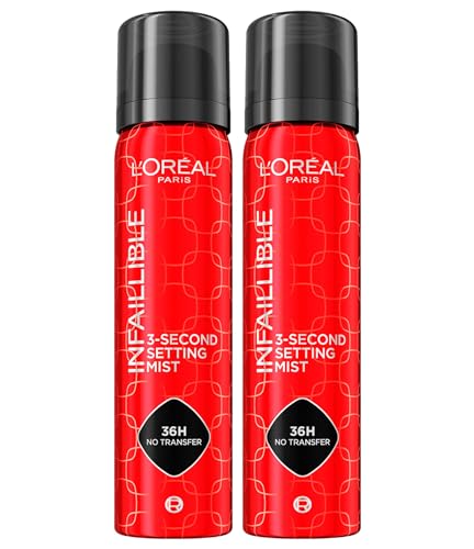L'Oréal Paris Infaillible Spray Fijador para Maquillaje Facial 3-Second Setting Mist 36H No-Transfer Waterproof Fórmula Ligera y de Secado Rápido Resistente al Sudor y al Agua - 2 Botellas de 75ml