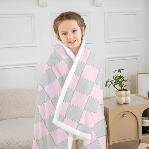 Image of Erosebridal Initial Letter E Fuzzy Plush Throw Pink and White Checkered Fleece Blanket Cute Monogram Plaid Sherpa Blanket for Kids Girls Women,Kawaii Gingham Grids Decor for Bed Couch Queen 90 inchx90 inch