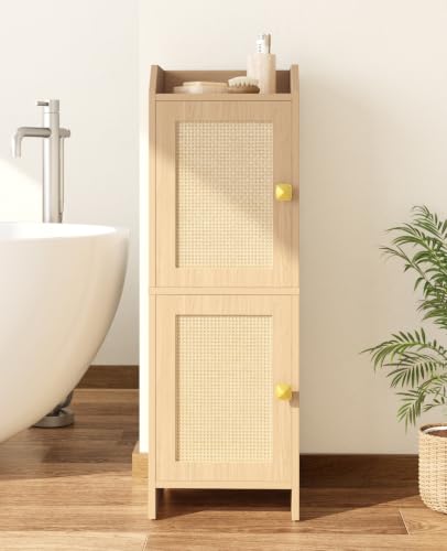 AURINEST Rattan Narrow Bathroom Storage Cabinet, 7.9''D x 9.8''W x 29.5''H, Toilet Paper Storage Cabinet with 2 Doors & Adjustable Shelf, Space-Saving Bathroom Organizer for Small Spaces, Natural Oak
