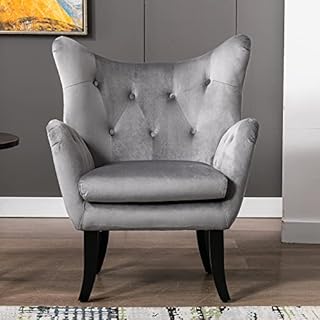 HomeTouch Luxury Wingback Armchairs for Living Room Velvet Upholstered Accent Chair Modern Single Sofa Chair Tub Chair for Bedroom Lounge Lazy Chair (Grey)