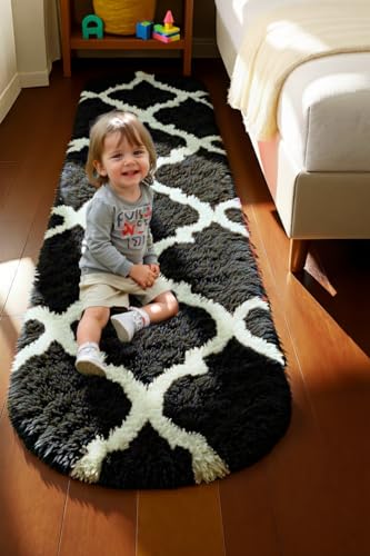 Image of Fluffy Silky Micro Fiber Polyster Carpet /Runner for Bedroom, Study Room, Playing Room, Guest Room ETC. 2x4 Feet, (Black and Ivory M II)